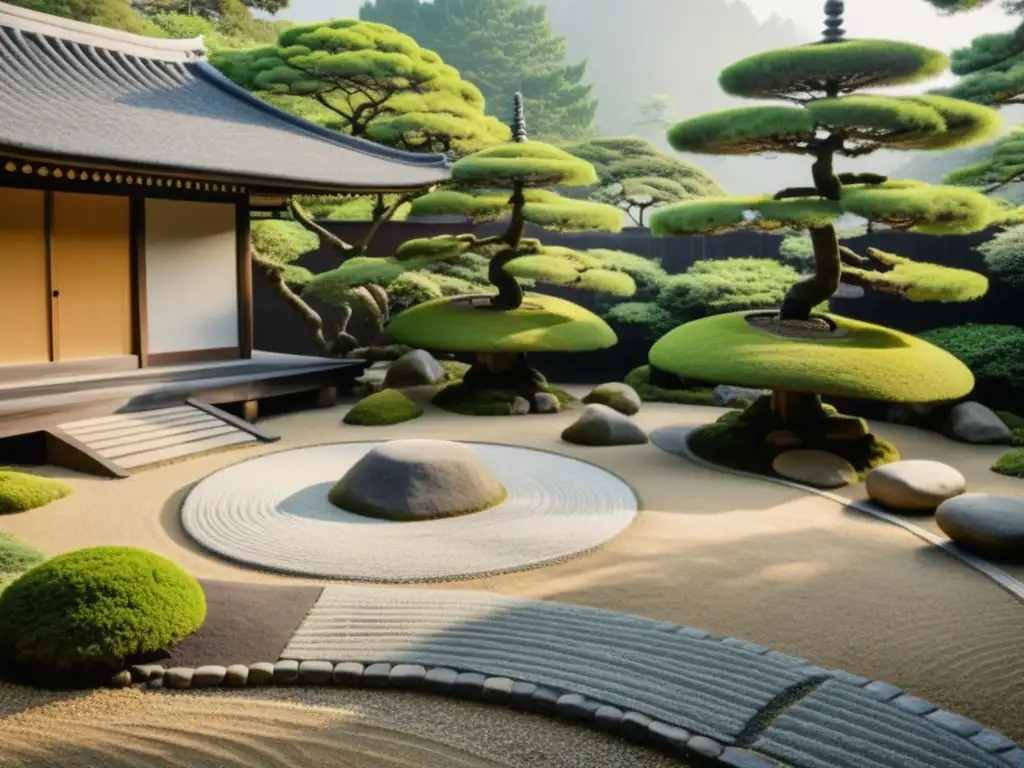 Imagen de un jardín zen japonés con influencia zen estética arquitectura japonesa: tranquilidad y contemplación