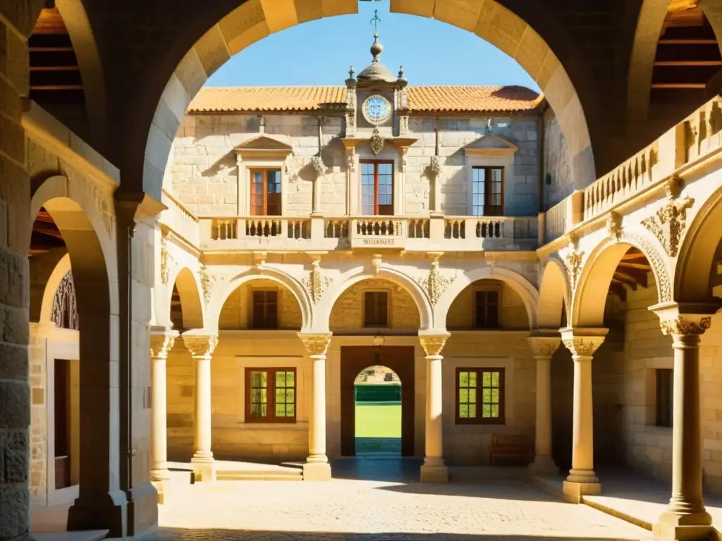 Imagen del legado arquitectónico de Paradores Nacionales en el impresionante Parador de Santiago de Compostela, con detalles ornamentales y luz cálida