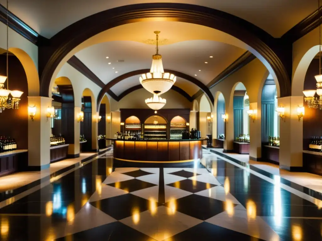 Imagen de un lujoso lobby de hotel con arquitectura del vino, techos abovedados, pilares ornamentados y un elegante bar de vinos vintage