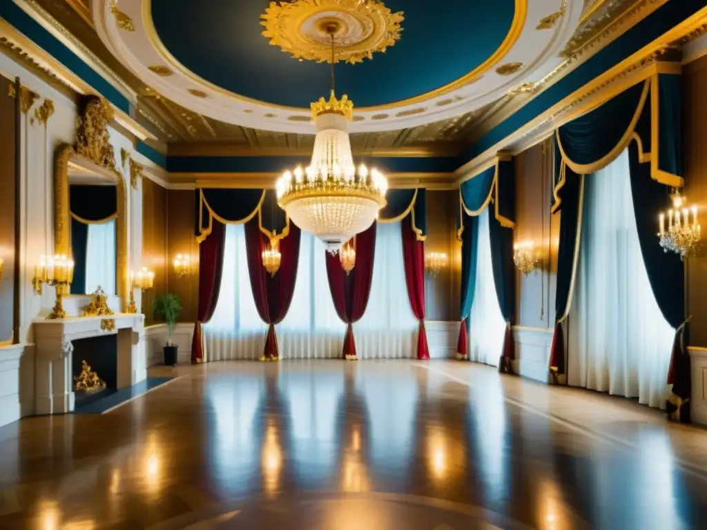 Imagen de un lujoso salón del siglo XVIII con muebles barrocos, candelabros ornamentados y cortinas de terciopelo, que irradia elegancia y sofisticación histórica