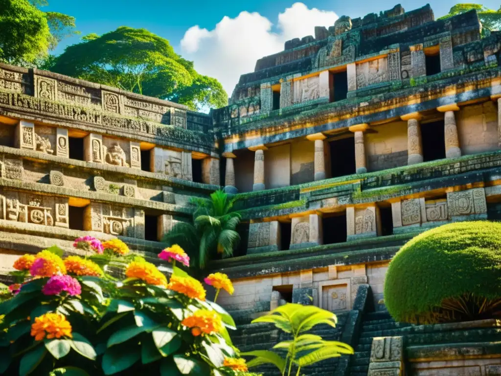 Imagen de la majestuosa arquitectura Maya recintos gubernamentales, con intrincadas decoraciones de piedra y exuberante vegetación