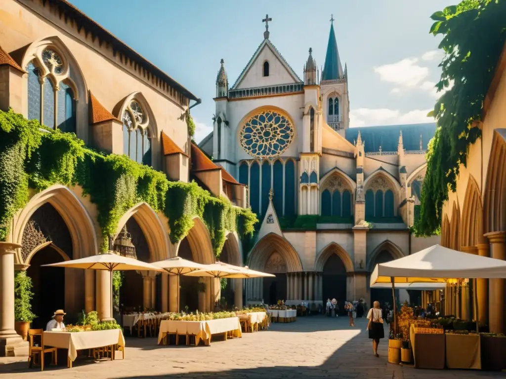 Imagen 8k de una majestuosa catedral gótica, bañada en cálida luz dorada, rodeada de vegetación exuberante y un animado mercado