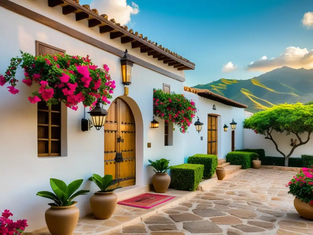 Imagen de una majestuosa hacienda colonial rodeada de colinas, con un patio empedrado que conduce a la entrada principal