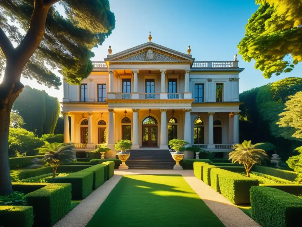 Imagen de una majestuosa mansión renacentista con detalles arquitectónicos y jardín exuberante