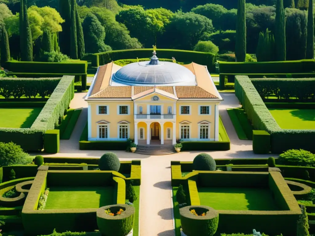 Imagen de una majestuosa villa del Primer Renacimiento con jardines exuberantes y arquitectura opulenta