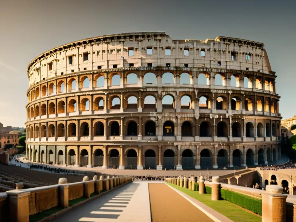 Imagen de un majestuoso y antiguo Coliseo romano, con detalles arquitectónicos y accesibilidad, en tonos sepia que evocan historia y antigüedad