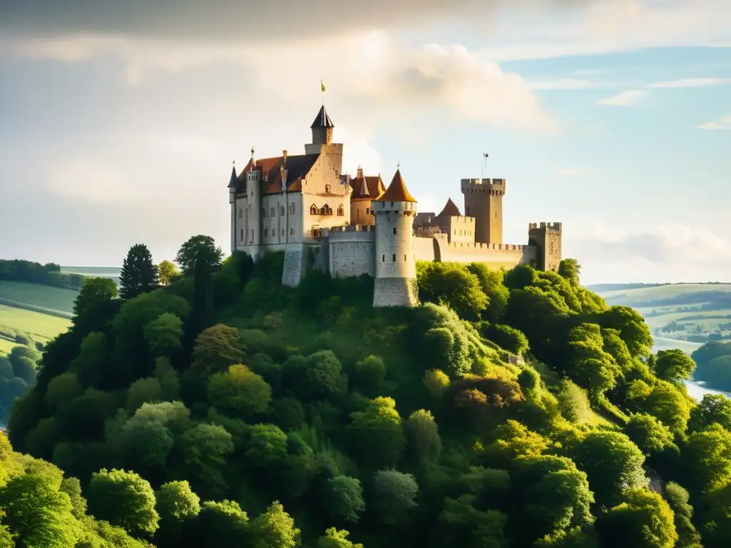 Imagen de un majestuoso castillo medieval en un acantilado, rodeado de exuberante vegetación