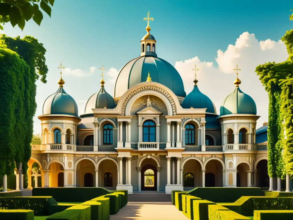 Esplendor barroco: Edificio ornamental en jardines exuberantes Imagen de un majestuoso edificio barroco con jardines exuberantes, detallados elementos arquitectónicos y luz solar que realza su belleza