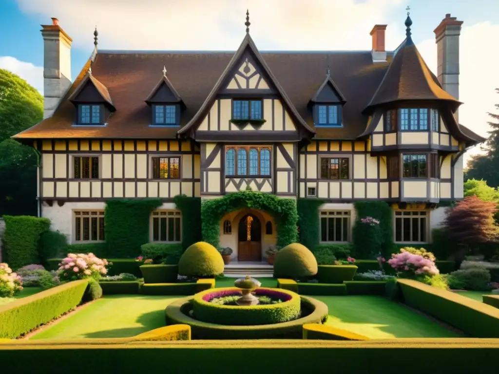 Imagen de un majestuoso manor Tudor con decoración histórica, jardín florido y encanto vintage