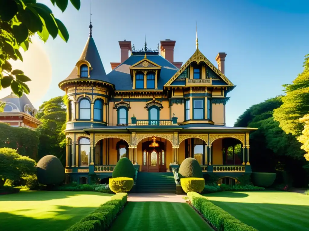 Imagen de una mansión victoriana con detalles arquitectónicos intrincados y un jardín exuberante, exudando grandiosidad y elegancia histórica