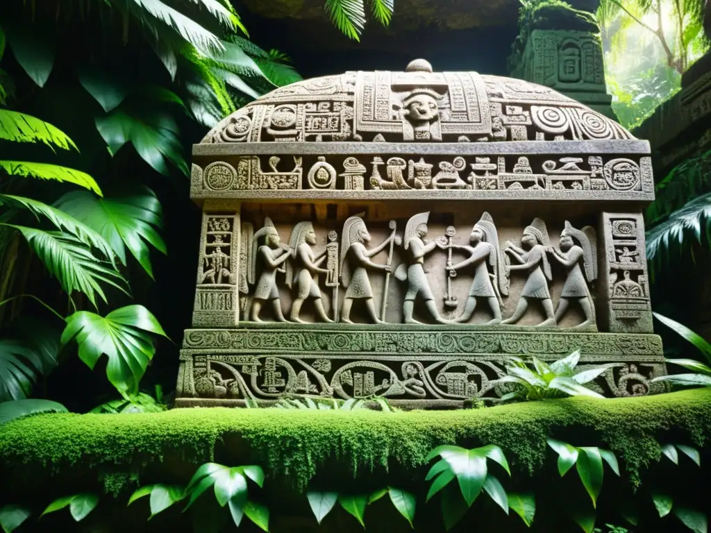 Imagen de un mausoleo precolombino milenario en la selva, con misteriosos glifos y símbolos, evocando antigua arquitectura funeraria