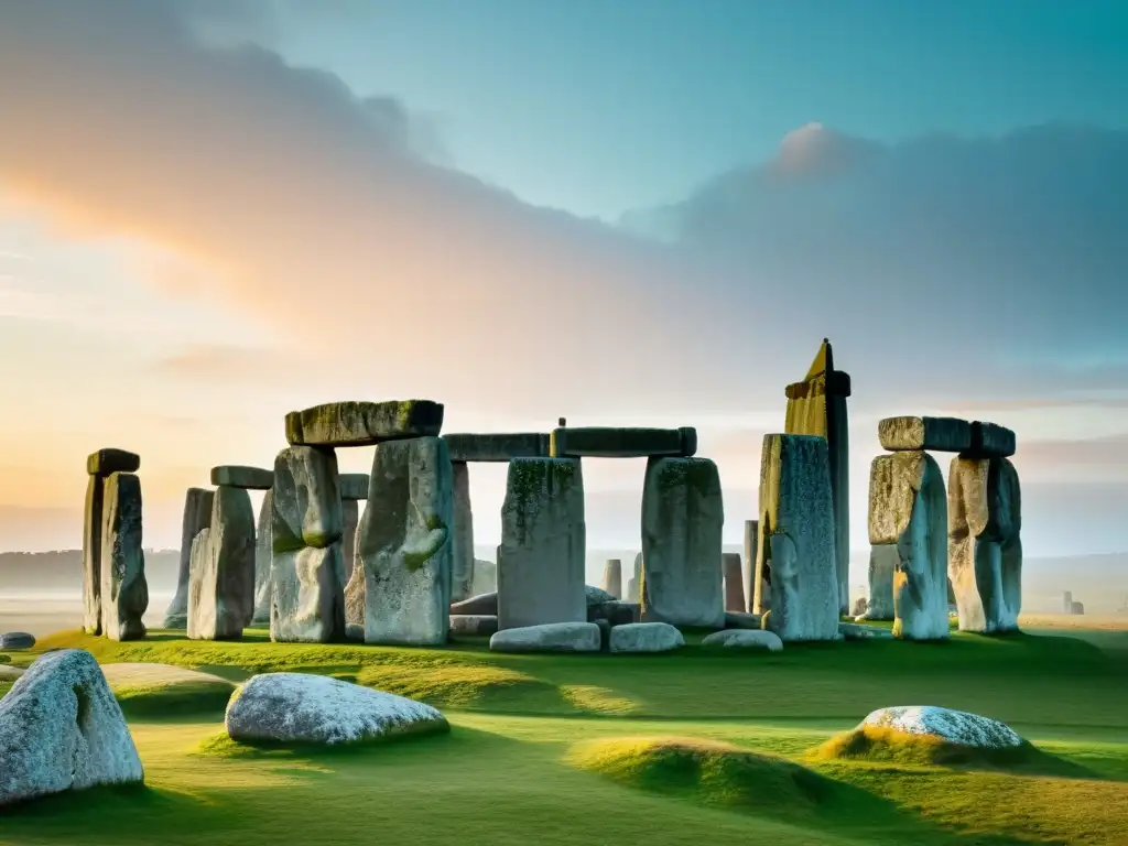 Imagen 8k de Stonehenge al amanecer, evocando misterio y historia en sitios megalíticos históricos arquitectura