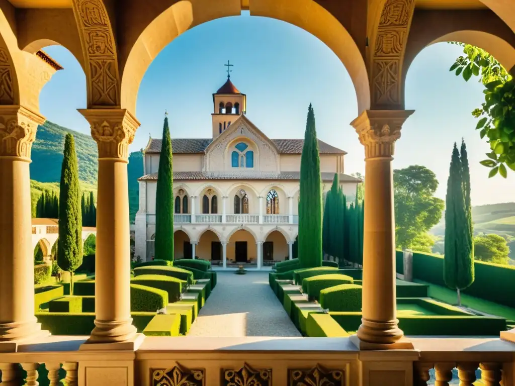 Imagen de un monasterio centenario convertido en hotel de lujo, con detalles arquitectónicos impresionantes y exuberante vegetación