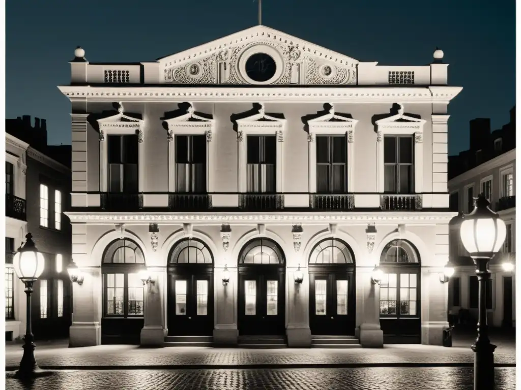 Imagen nocturna en blanco y negro de un edificio histórico iluminado por lámparas de gas y luces eléctricas tempranas, evocando la evolución de la iluminación arquitectónica histórica