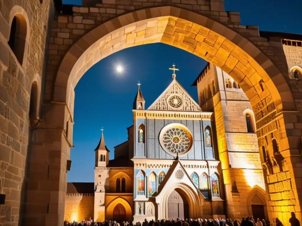 Imagen nocturna de una catedral medieval iluminada, con luz cálida emanando de vitrales, creando patrones de colores en las paredes de piedra