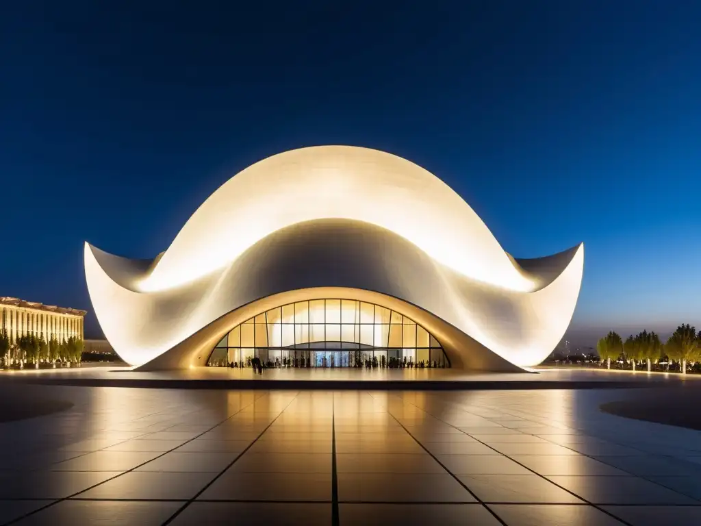 Imagen nocturna del Centro Heydar Aliyev en Baku, Azerbaijan, destacando el deconstructivismo en la arquitectura contemporánea