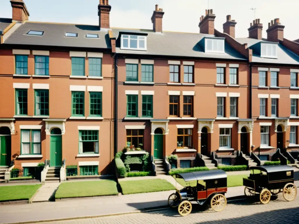 Imagen nostálgica de arquitectura revolución industrial en Londres Manchester, con casas de ladrillo y gente caminando por las calles empedradas