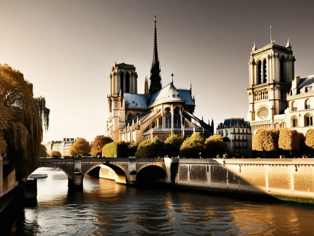 Imagen nostálgica de la majestuosa Catedral de Notre Dame en París, con el río Sena y su arquitectura histórica en París en tonos sepia