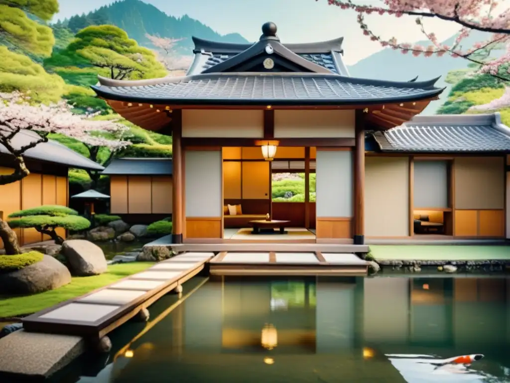 Ryokan tradicional japonés con jardín y estanque de carpas koi Una imagen nostálgica de un ryokan japonés tradicional, con arquitectura de ryokan tradicionales japoneses y un hermoso jardín zen