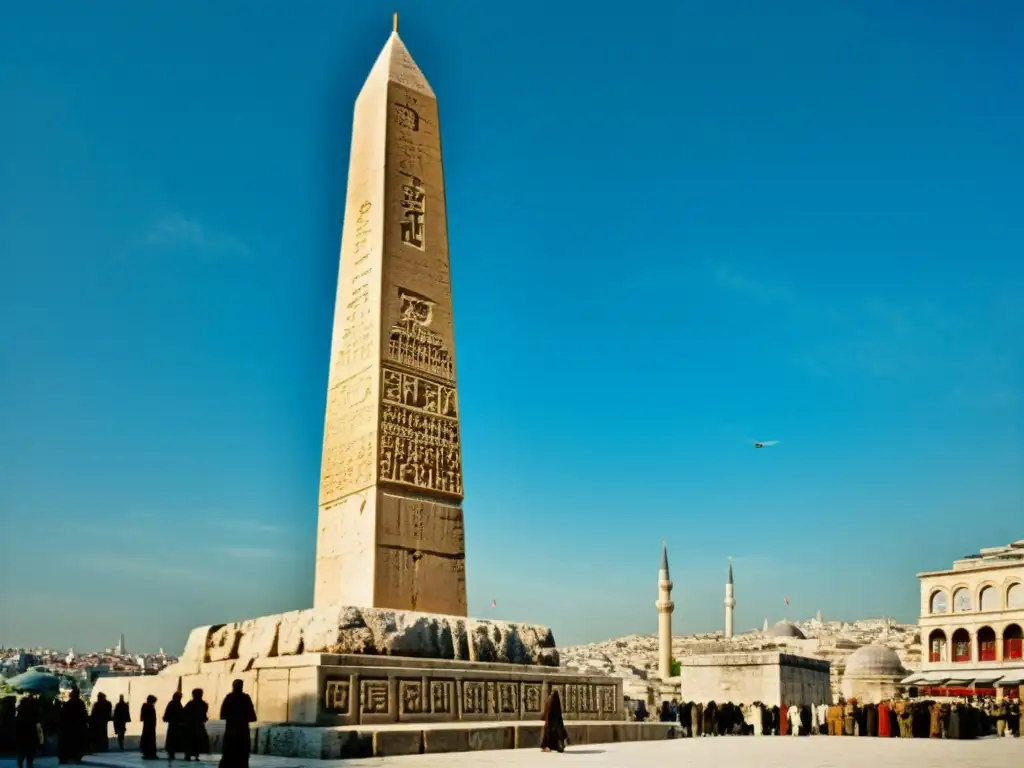 Una imagen del Obelisco de Teodosio en Estambul, Turquía, rodeado de personas vestidas de época