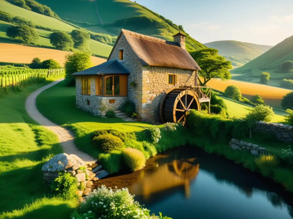 Imagen 8k de un paisaje rural con una casa de piedra y una pequeña central hidroeléctrica residencial, bañado por cálida luz dorada