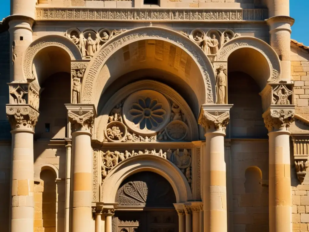 Imagen de una iglesia románica con intrincados detalles en la fachada, bañada por la cálida luz dorada del atardecer