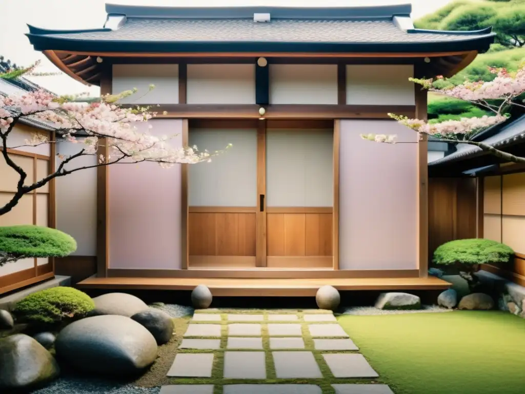 Ryokan japonés: serenidad y tradición Imagen de un ryokan tradicional japonés en un entorno natural sereno, con fachada de madera y puertas corredizas