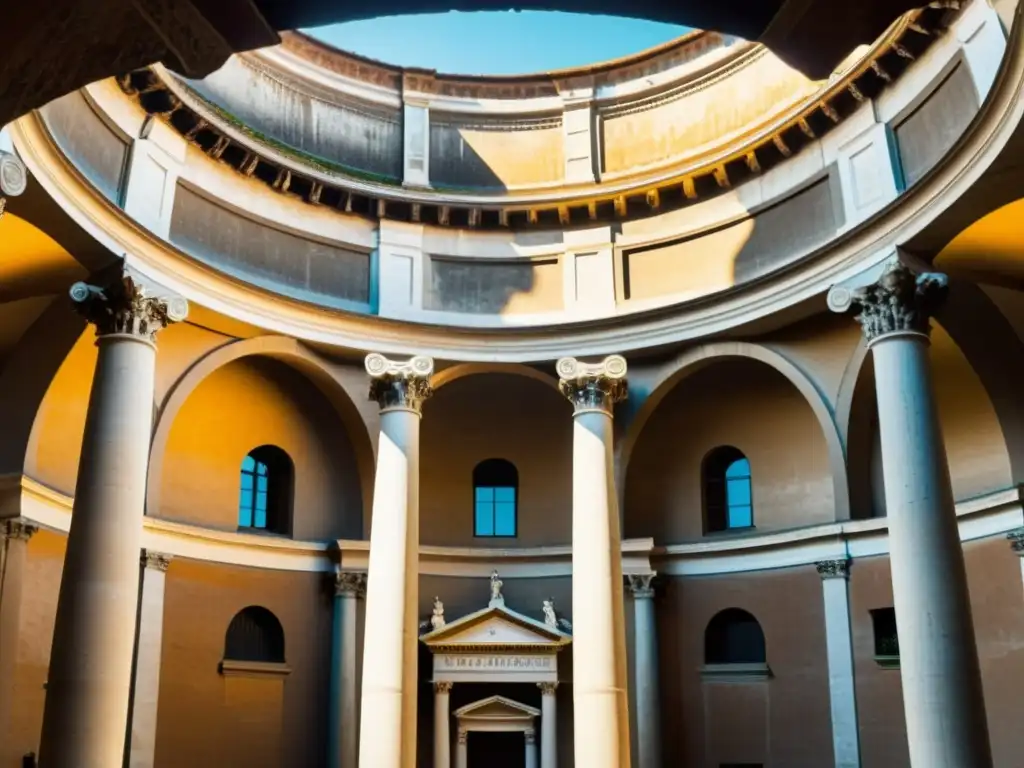 Imagen del Tempietto en Roma, resaltando la arquitectura renacentista temprana con detalles intrincados, columnas corintias y juego de luz y sombra