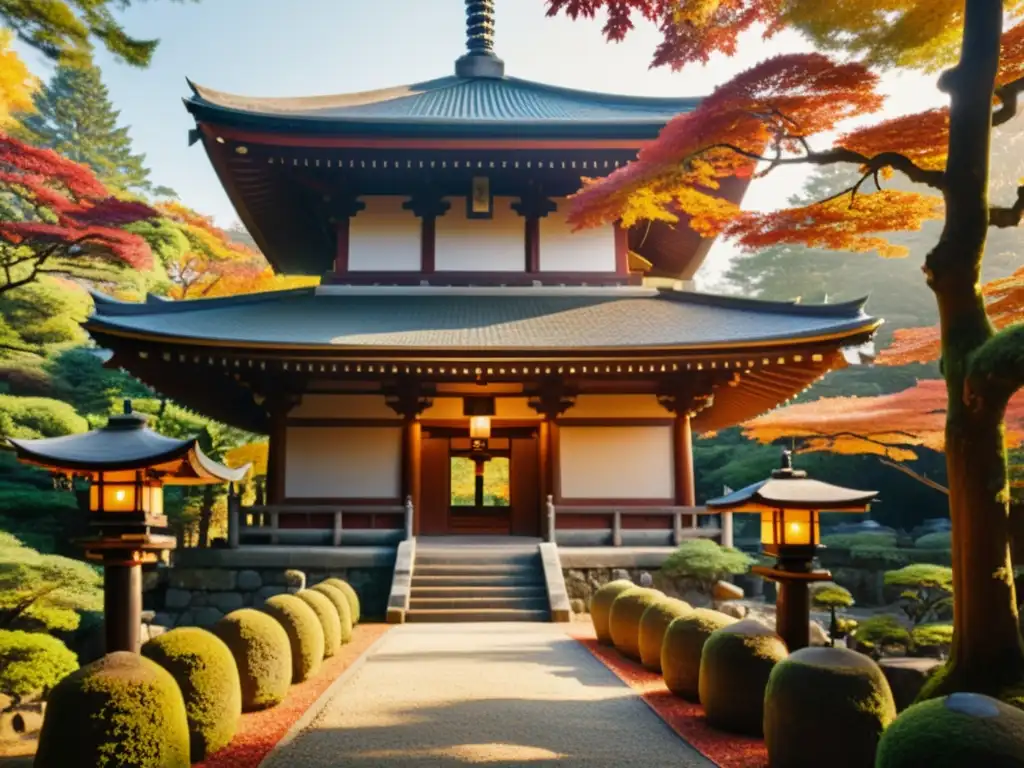 Imagen de un templo japonés tradicional en un bosque sereno, evocando conservación y renovación arquitectura japonesa