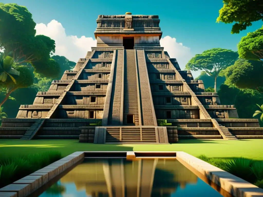 Imagen de un templo maya antiguo con sistema avanzado de recolección y almacenamiento de aguas pluviales en arquitectura sostenible