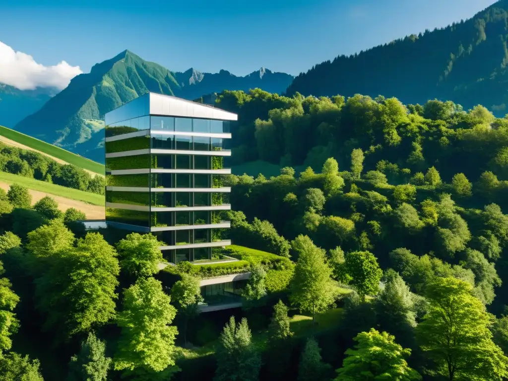 Imagen de la torre de oficinas LCT One en Liechtenstein, con arquitectura sostenible en armonía con el entorno natural