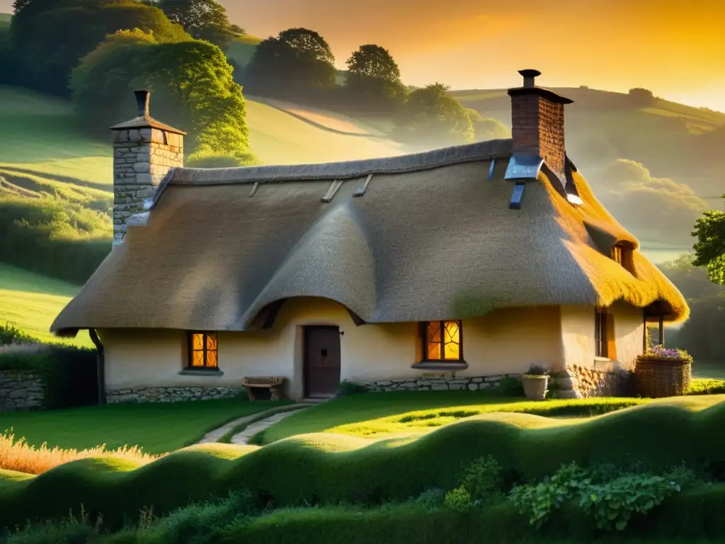 Imagen vintage de una acogedora casa campesina medieval en un paisaje rural, bañada por la cálida luz dorada del atardecer