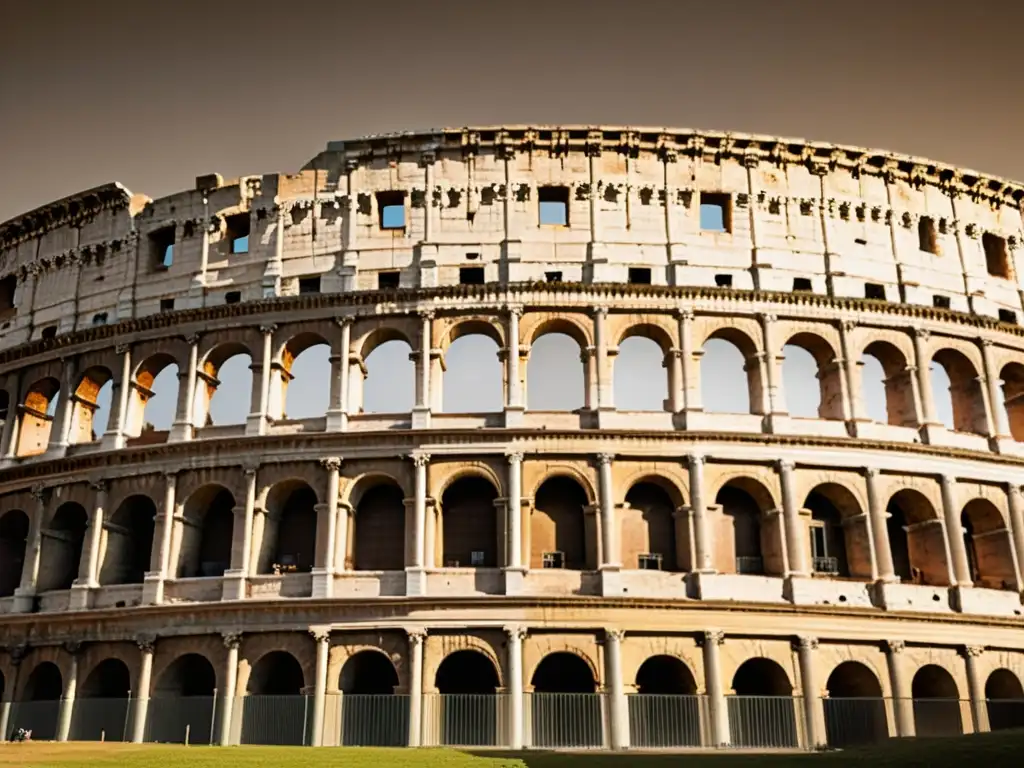 Imagen vintage en alta resolución del icónico Coliseo Romano, destacando sus avances en la arquitectura romana y su grandiosidad histórica