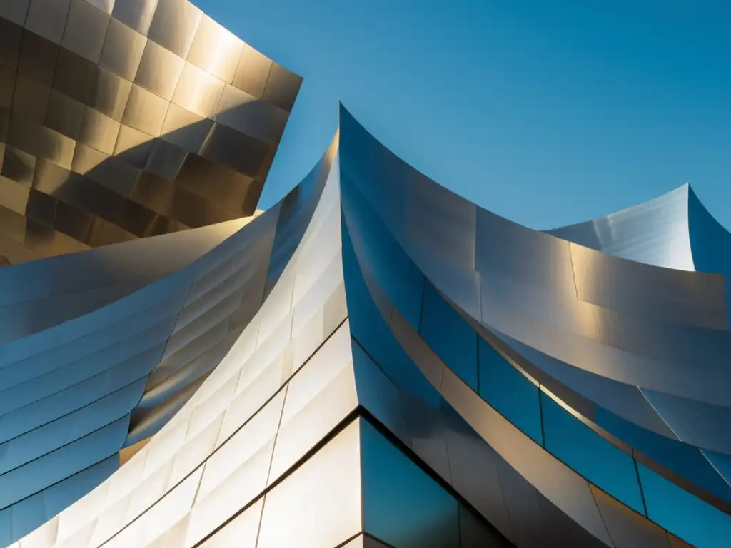 Imagen vintage del icónico Walt Disney Concert Hall en Los Ángeles, destacando su arquitectura deconstructivista con formas angulares y acero inoxidable, evocando nostalgia y complejidad