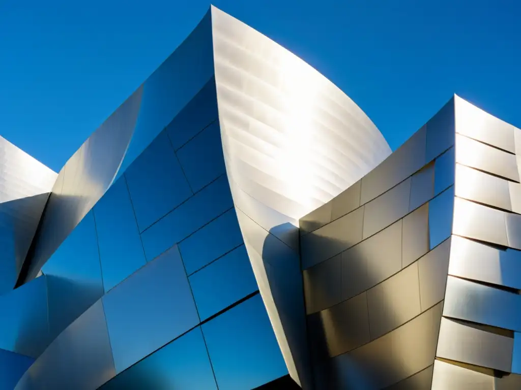 Imagen vintage del icónico Walt Disney Concert Hall en Los Ángeles, destacando su arquitectura deconstructivista en contraste con el cielo azul