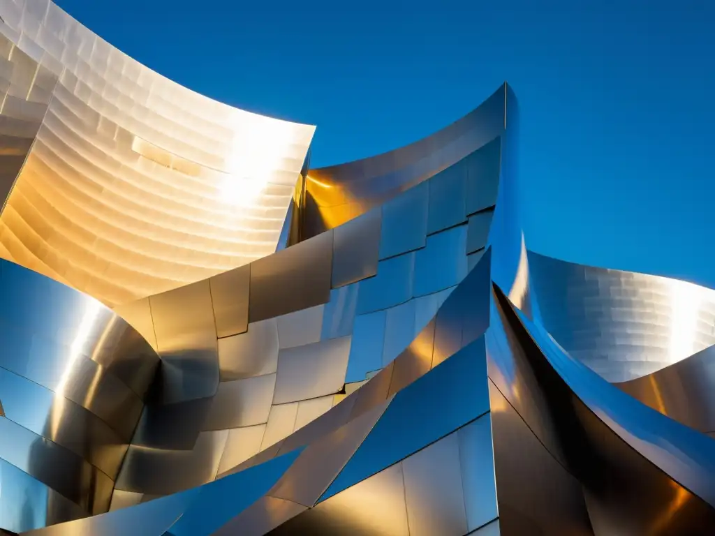 Imagen vintage de alta resolución del icónico Walt Disney Concert Hall en Los Ángeles, destacando su estilo arquitectónico deconstructivista