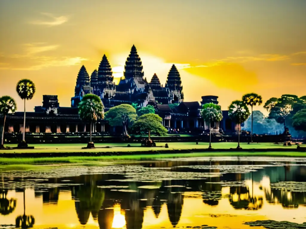 Imagen vintage del amanecer en Angkor Wat, con templos antiguos y una atmósfera espiritual