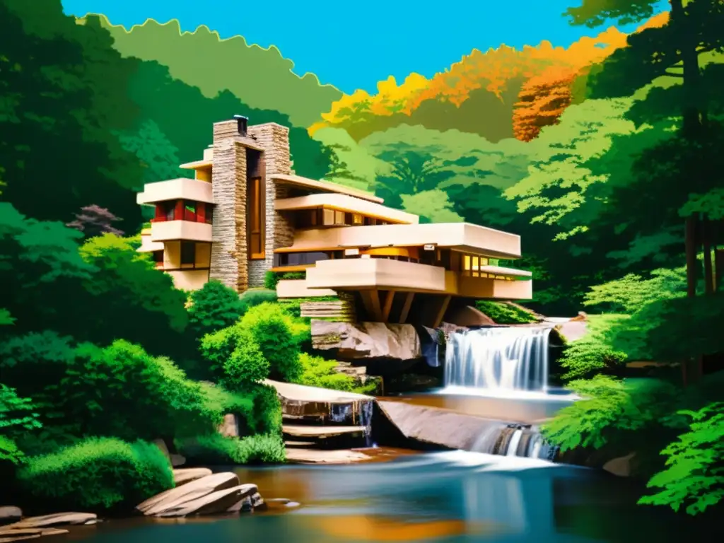 Imagen vintage de la icónica casa Fallingwater de Frank Lloyd Wright, entre árboles verdes, con cascada natural