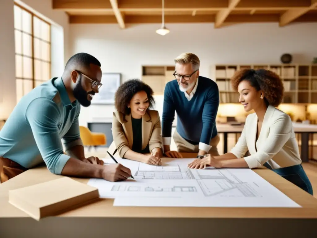 Imagen vintage 8k de arquitectos trabajando en equipo en un estudio espacioso, resaltando la equidad de género en arquitectura contemporánea