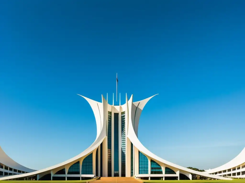 Imagen vintage de la icónica arquitectura moderna en Brasilia, con sus curvas y ángulos futuristas, en contraste con el cielo azul brillante