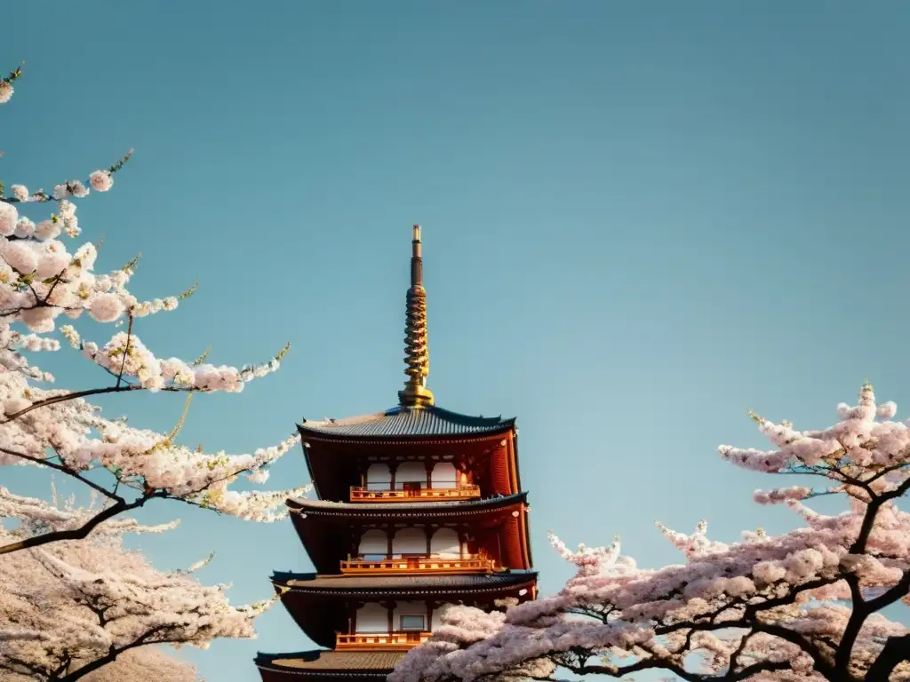 Imagen vintage de arquitectura moderna y tradicional en Tokio con cerezos en flor