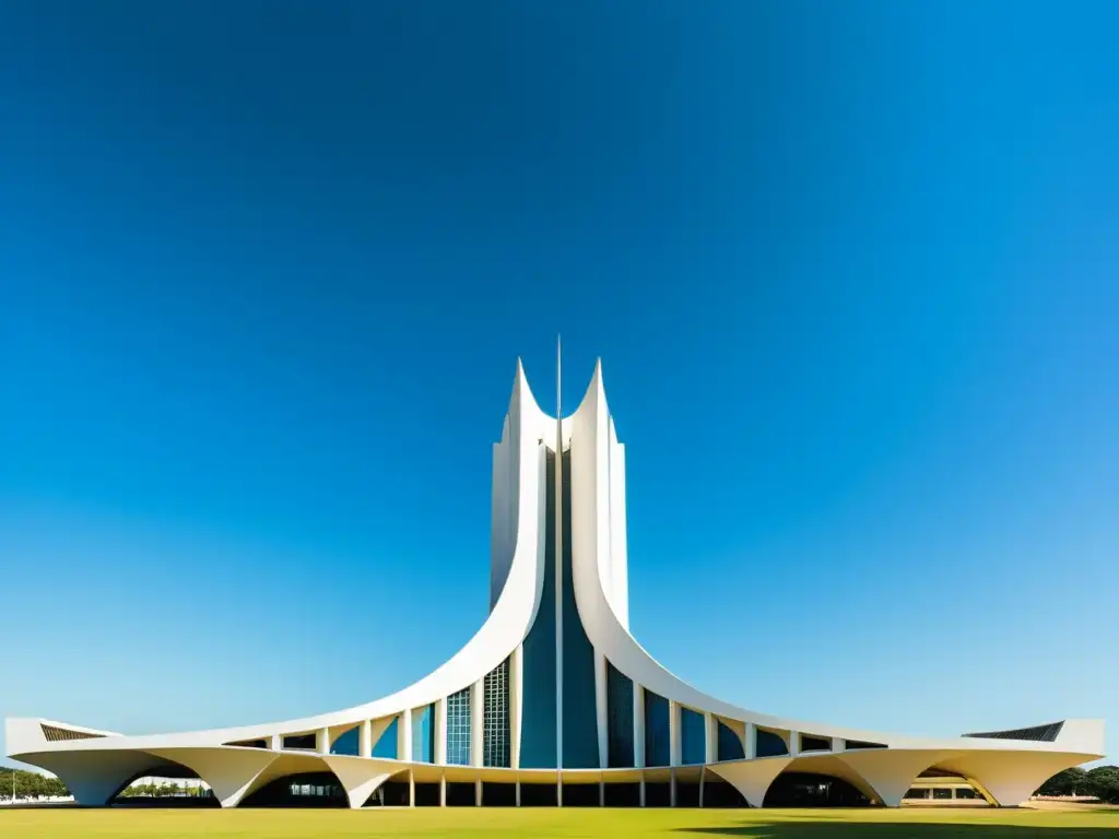 Imagen vintage de la arquitectura moderna en Brasilia, mostrando sus líneas elegantes y diseño futurista bajo un cielo azul brillante