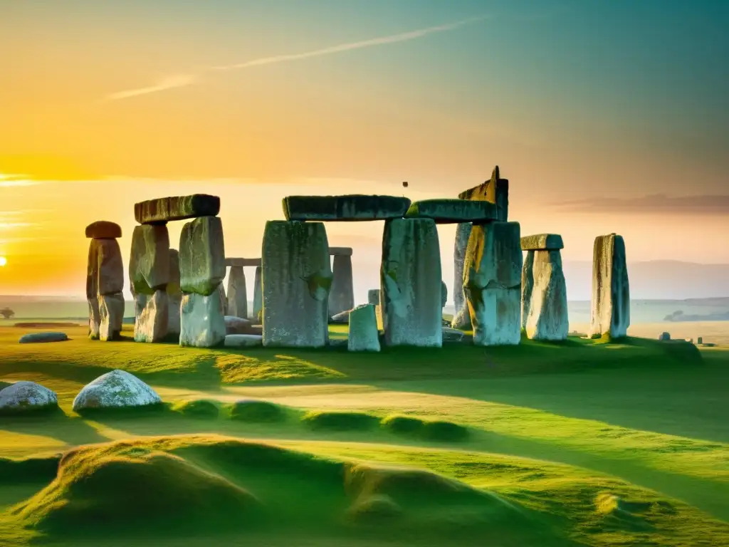 Imagen vintage de Stonehenge al atardecer, evocando el legado de constructores megalíticos en Europa prehistórica