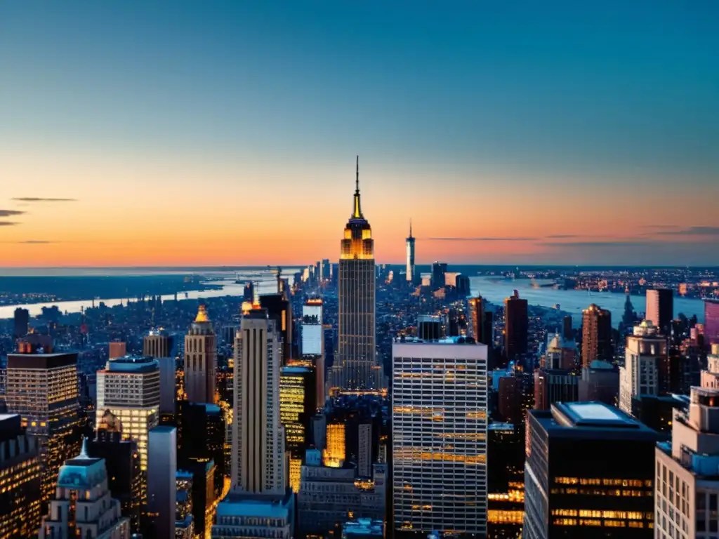 Imagen vintage de Nueva York al atardecer, con rascacielos icónicos