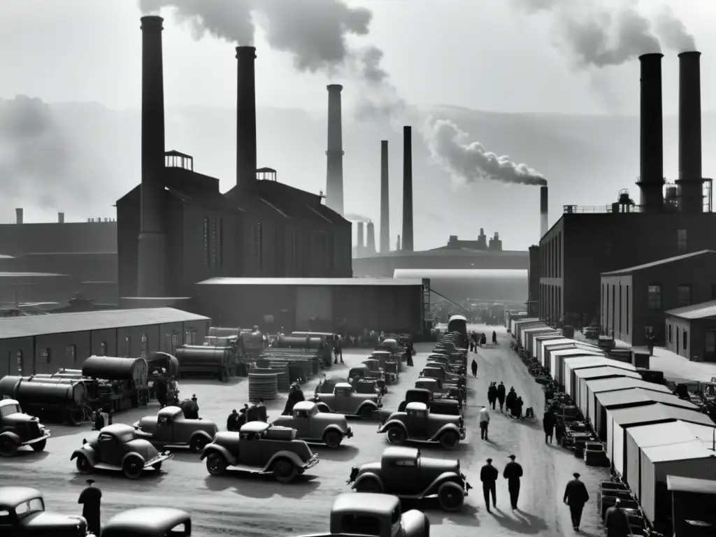 Imagen vintage en blanco y negro de una zona industrial bulliciosa, con altos edificios y chimeneas humeantes