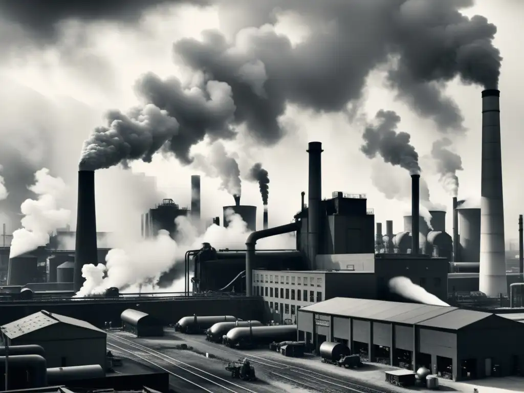 Una imagen vintage en blanco y negro de una bulliciosa zona industrial con altos edificios de fábricas, chimeneas echando humo y trabajadores realizando diversas actividades industriales