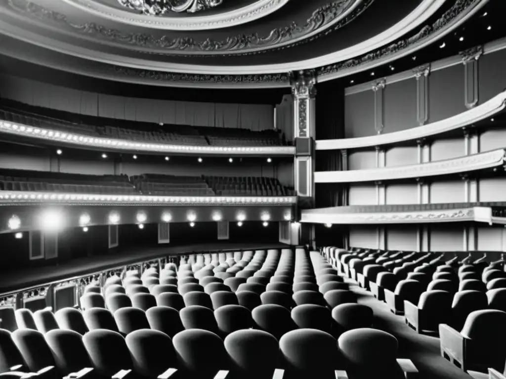 Imagen vintage en blanco y negro de un teatro ornamentado vacío