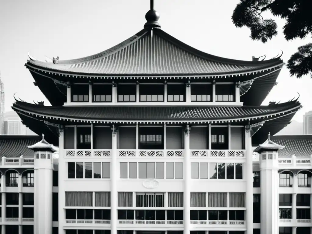 Imagen vintage en blanco y negro del icónico edificio del Parque Científico de Hong Kong, destacando su arquitectura histórica con detalles ornamentados y una mezcla de elementos modernos y tradicionales