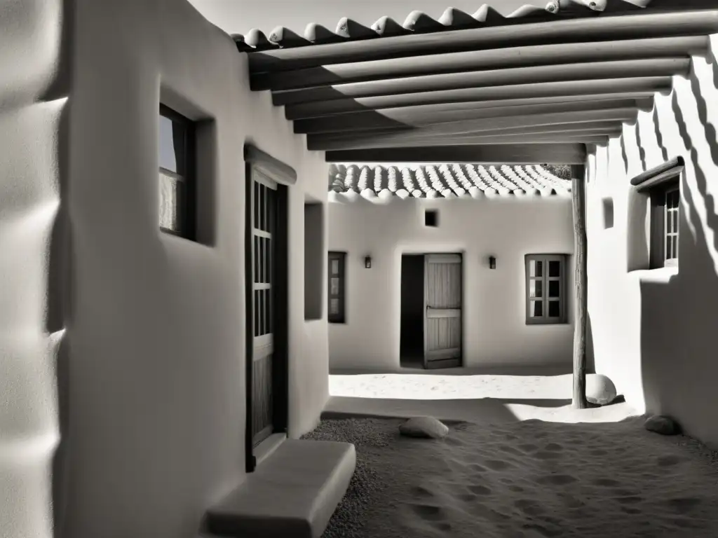 Imagen vintage en blanco y negro de una casa de adobe tradicional con un muro sur cubierto de vidrio, capturando la luz solar