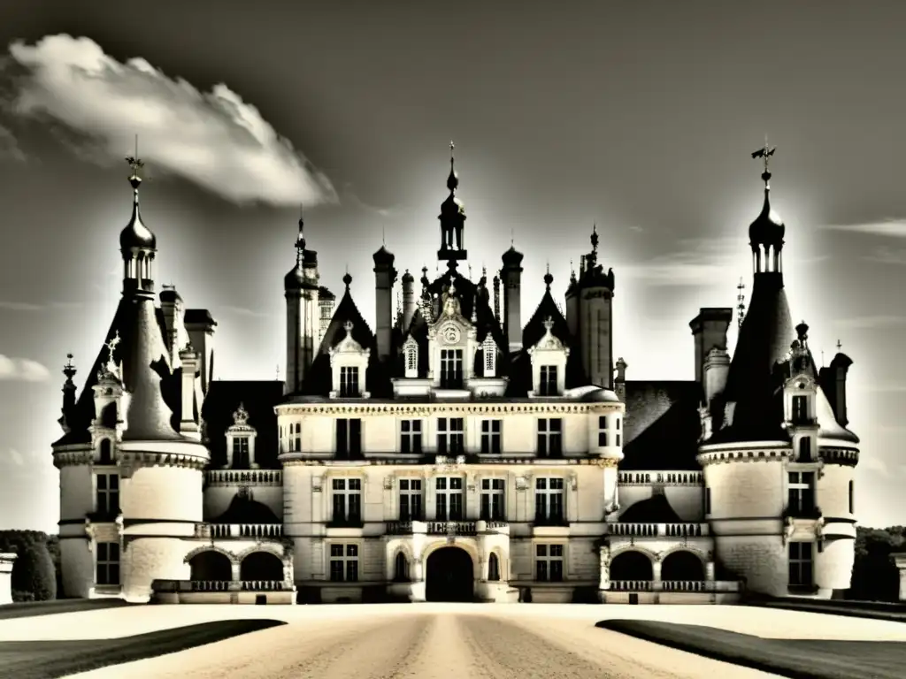 Imagen vintage en blanco y negro del Château de Chambord en Francia, mostrando su arquitectura manierista